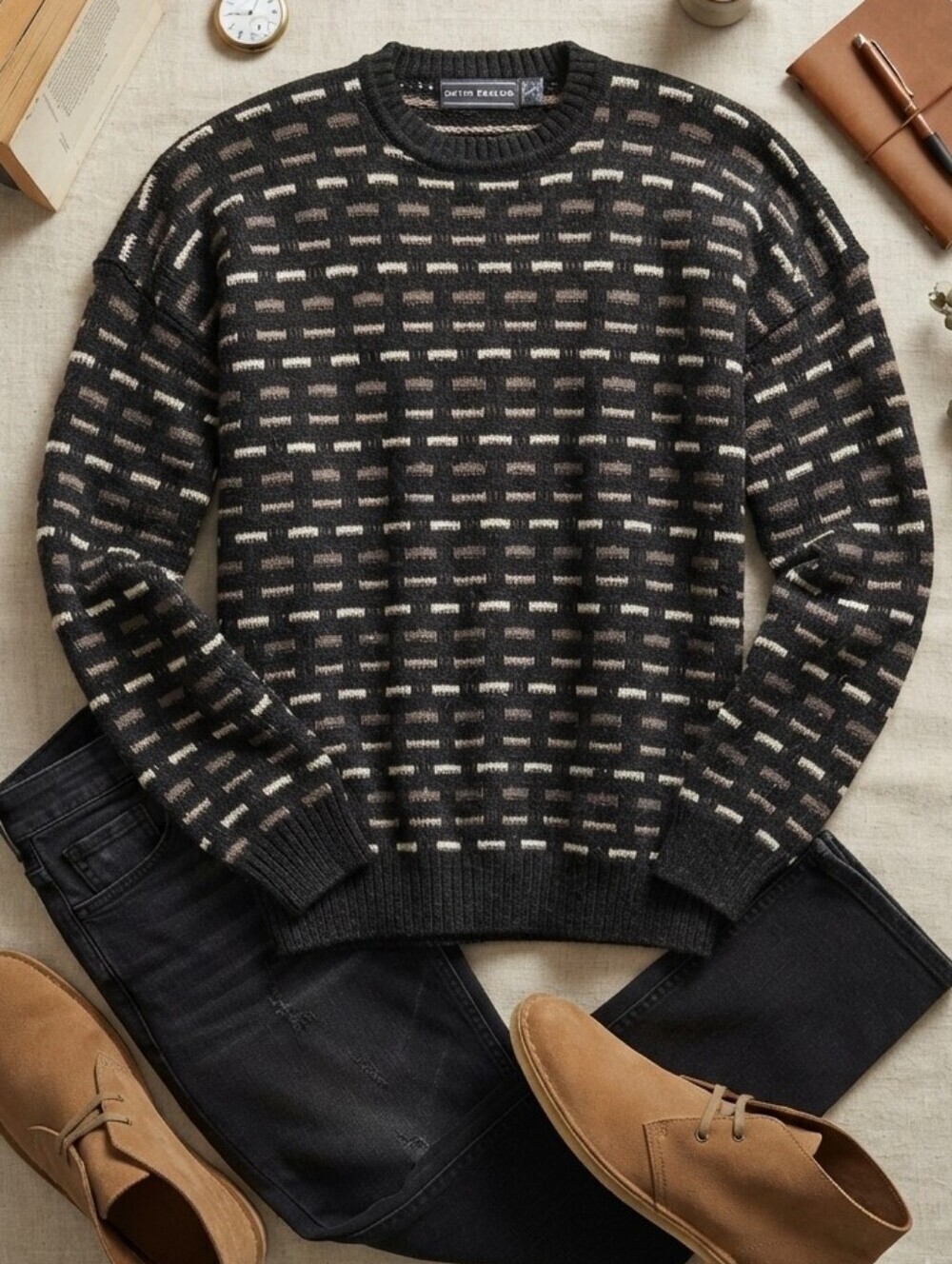 Vintage David Taylor Black Cream Brown Chunky Knit Block Sweater